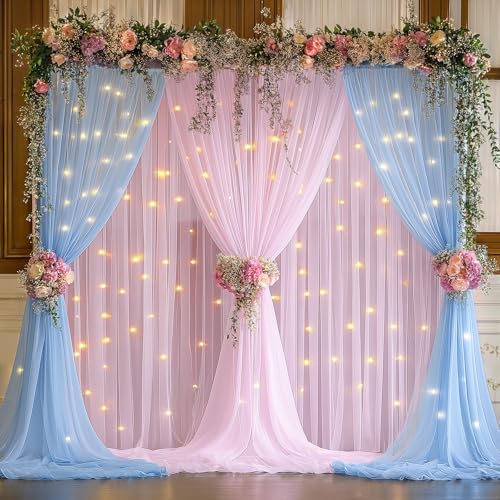 10x10ft Baby Pink Blue Tulle Backdrop Curtain with Lights String for Parites, Sheer Photo Backdrop Drapes with, alternate