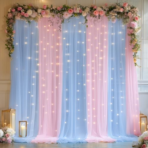 10x10ft Baby Pink Blue Tulle Backdrop Curtain with Lights String for Parites, Sheer Photo Backdrop Drapes with, alternate