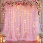 10x10ft Baby Pink Tulle Backdrop Curtain with Lights String for Parites, Sheer Photo Backdrop Curtains with