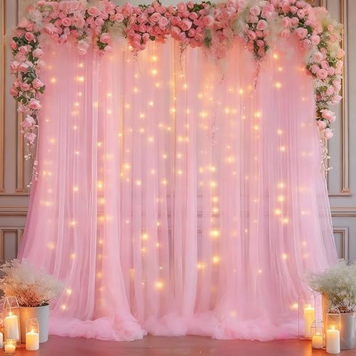 10x10ft Baby Pink Tulle Backdrop Curtain with Lights String for Parites, Sheer Photo Backdrop Curtains with