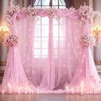 10x10ft Baby Pink Tulle Backdrop Curtain with Lights String for Parites, Sheer Photo Backdrop Curtains with, alternate view 7