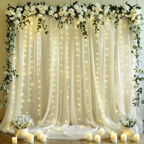 10x10ft Beige Tulle Backdrop Curtains with Lights String for Parties, Wrinkle Free Sheer Curtain Wedding Photo