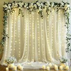 10x10ft Beige Tulle Backdrop Curtains with Lights String for Parties, Wrinkle Free Sheer Curtain Wedding Photo