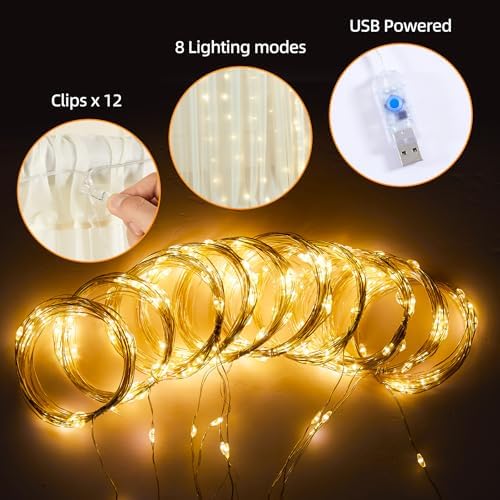10x10ft Beige Tulle Backdrop Curtains with Lights String for Parties, Wrinkle Free Sheer Curtain Wedding Photo, alternate