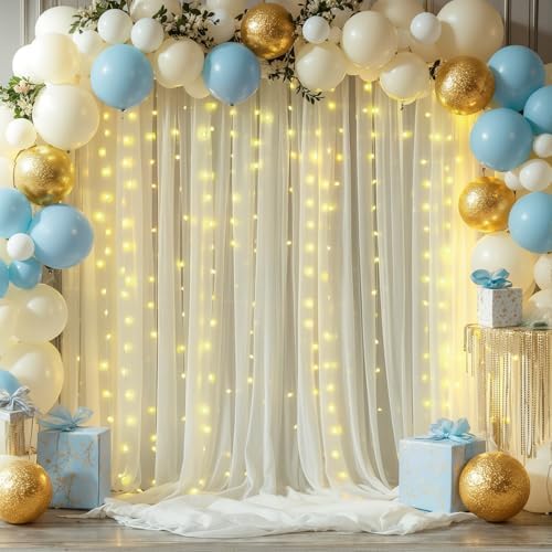 10x10ft Beige Tulle Backdrop Curtains with Lights String for Parties, Wrinkle Free Sheer Curtain Wedding Photo, alternate