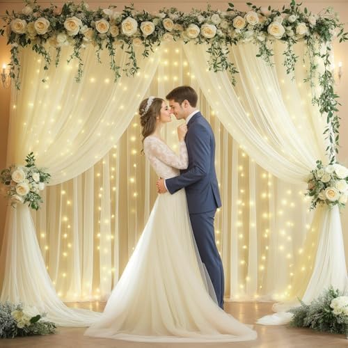 10x10ft Beige Tulle Backdrop Curtains with Lights String for Parties, Wrinkle Free Sheer Curtain Wedding Photo, alternate