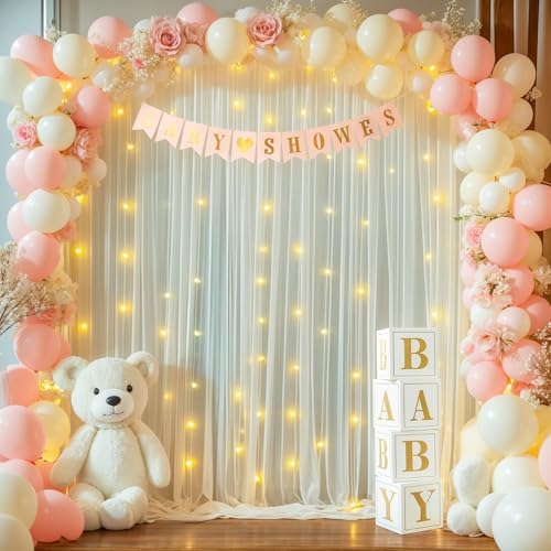 10x10ft Beige Tulle Backdrop Curtains with Lights String for Parties, Wrinkle Free Sheer Curtain Wedding Photo, alternate