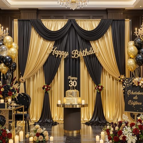 10x10ft Black and Metallic Gold Backdrop Curtains, Wrinkle Free 4 Panels 2.5x10ft Polyester Drapery Panels for, alternate