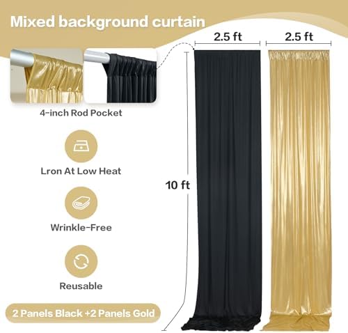 10x10ft Black and Metallic Gold Backdrop Curtains, Wrinkle Free 4 Panels 2.5x10ft Polyester Drapery Panels for, alternate
