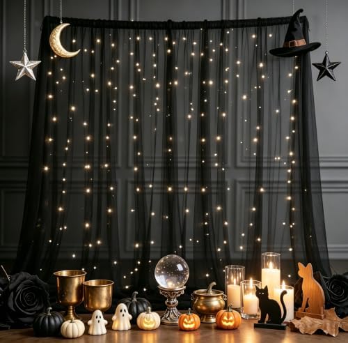 10x10ft Black Backdrop Curtain with Lights Sheer Tulle Curtains in 10x10ft