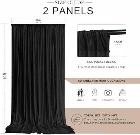 10x10FT Black Backdrop Curtains, 2 Panels 5x10FT Wrinkle-Free Polyester Drapes, Photo Backdrop for Wedding Party, alternate