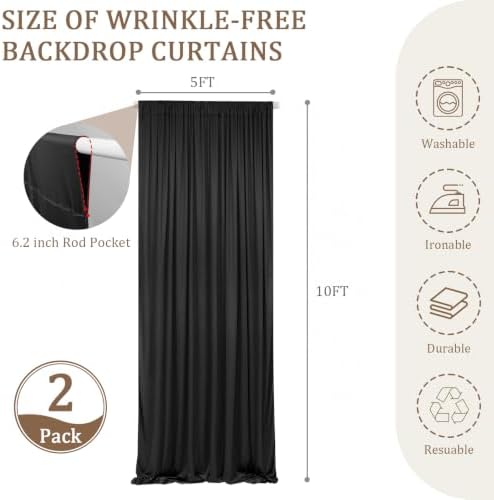 10x10FT Black Backdrop Curtains for Wedding Parties, Ultra Drapey & Silky Drapes for Backdrop Skin-Friendly &, alternate view