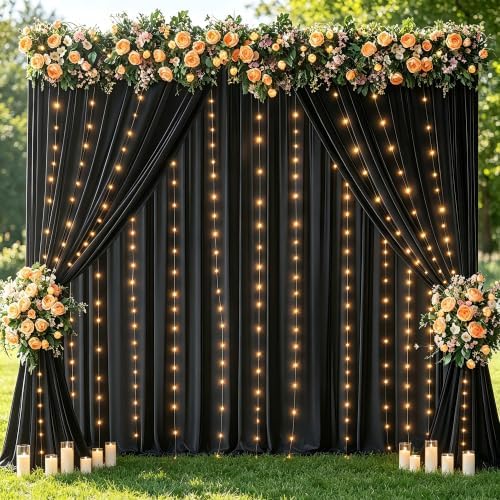 10x10ft Black Backdrop Curtains with Lights String for Parties, 2 Panels in 5'(W) x 10'(H), 2 panels in Blcak, alternate view