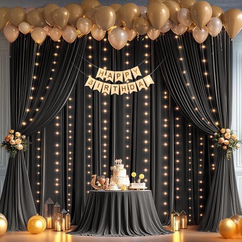 10x10ft Black Backdrop Curtains with Lights String for Parties, 2 Panels in 5'(W) x 10'(H), 2 panels in Blcak, alternate view