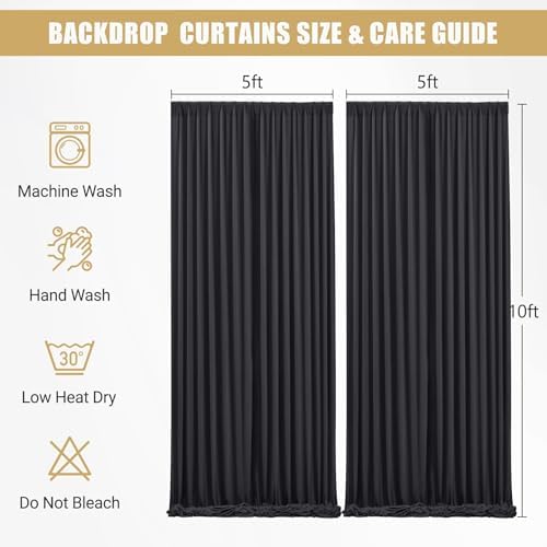 10x10ft Black Backdrop Curtains with Lights String for Parties, 2 Panels in 5'(W) x 10'(H), 2 panels in Blcak, alternate view