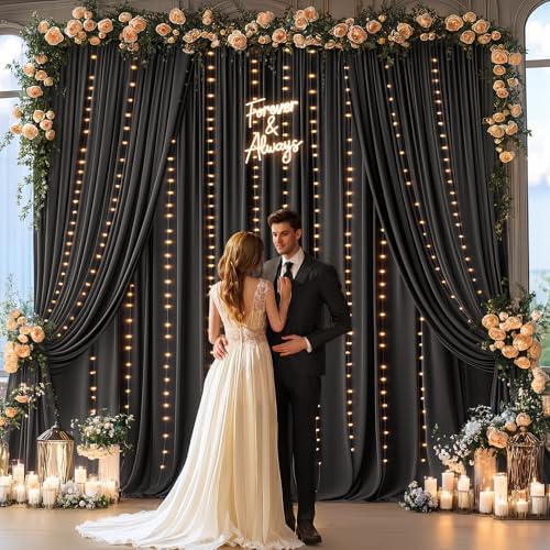 10x10ft Black Backdrop Curtains with Lights String for Parties, 2 Panels in 5'(W) x 10'(H), 2 panels in Blcak, alternate view