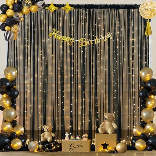 10x10ft Black Chiffon Backdrop Curtain with Lights String for Wedding Sheer Tulle Curtain Photo Backdrops Drapes