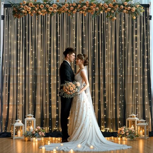 10x10ft Black Chiffon Backdrop Curtain with Lights String for Wedding Sheer Tulle Curtain Photo Backdrops Drapes, alternate