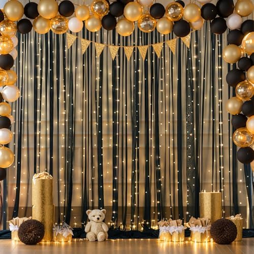 10x10ft Black Chiffon Backdrop Curtain with Lights String for Wedding Sheer Tulle Curtain Photo Backdrops Drapes, alternate