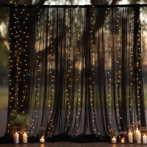 10x10ft Black Tulle Backdrop Curtain with Lights String for Parites, Sheer Photo Backdrop Drapes for Wedding