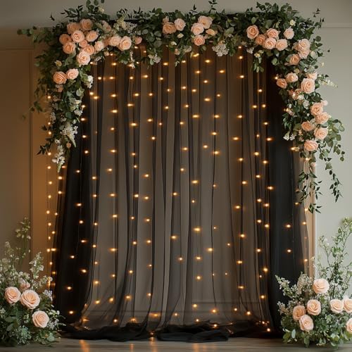 10x10ft Black Tulle Backdrop Curtain with String Lights, Wrinkle-Free Sheer Wedding Backdrop for Birthday