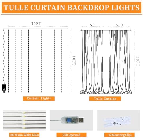 10x10ft Black Tulle Backdrop Curtain with String Lights, Wrinkle-Free Sheer Wedding Backdrop for Birthday, alternate view 2