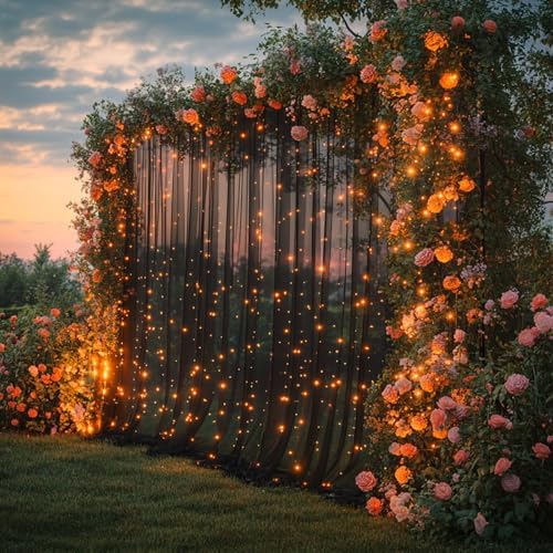 10x10ft Black Tulle Backdrop Curtain with String Lights, Wrinkle-Free Sheer Wedding Backdrop for Birthday, alternate view 7
