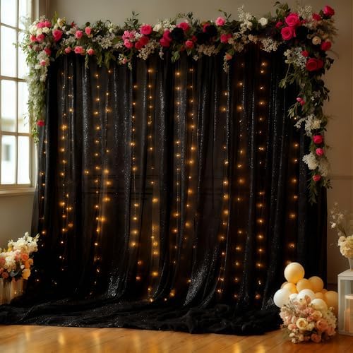10x10FT Black Wrinkle Free Backdrop Curtains with Lights String for Parties - Photo Curtain Backdrop with Lights