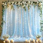 10x10ft Blue Tulle Backdrop Curtains with Lights String for Parties, Wrinkle Free Sheer Curtain Wedding Photo