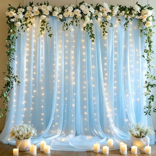 10x10ft Blue Tulle Backdrop Curtains with Lights String for Parties, Wrinkle Free Sheer Curtain Wedding Photo