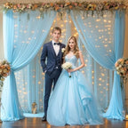 10x10ft Blue Tulle Backdrop Curtains with Lights String for Parties, Wrinkle Free Sheer Curtain Wedding Photo, alternate view