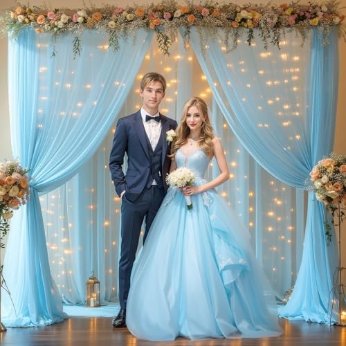 10x10ft Blue Tulle Backdrop Curtains with Lights String for Parties, Wrinkle Free Sheer Curtain Wedding Photo, alternate view