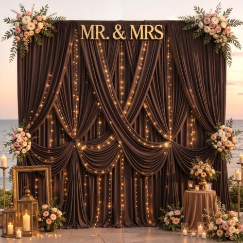 10x10ft Brown Backdrop Curtains with Lights String for Parties, 2 Panels in 5'(W) x 10'(H), 2 panels in Brown
