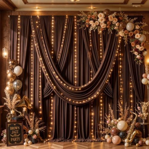 10x10ft Brown Backdrop Curtains with Lights String for Parties, 2 Panels in 5'(W) x 10'(H), 2 panels in Brown, alternate view