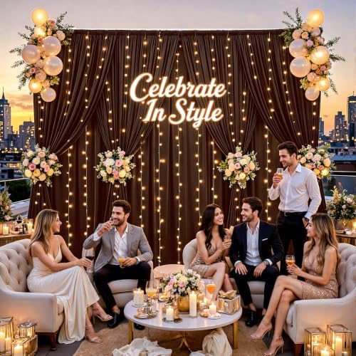 10x10ft Brown Backdrop Curtains with Lights String for Parties, 2 Panels in 5'(W) x 10'(H), 2 panels in Brown, alternate view
