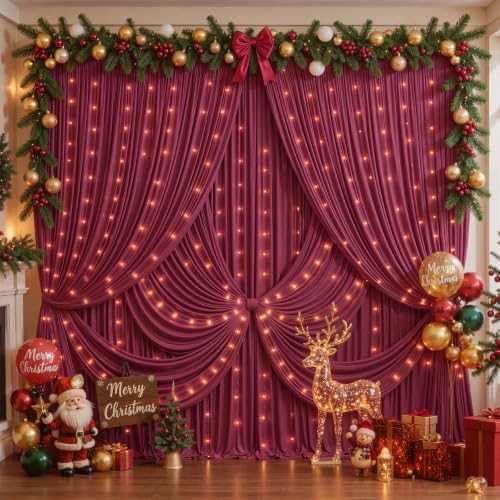 10x10ft Burgundy Backdrop Curtains with Lights String for Parties, 2 Panels in 5'(W) x 10'(H), 2 panels in