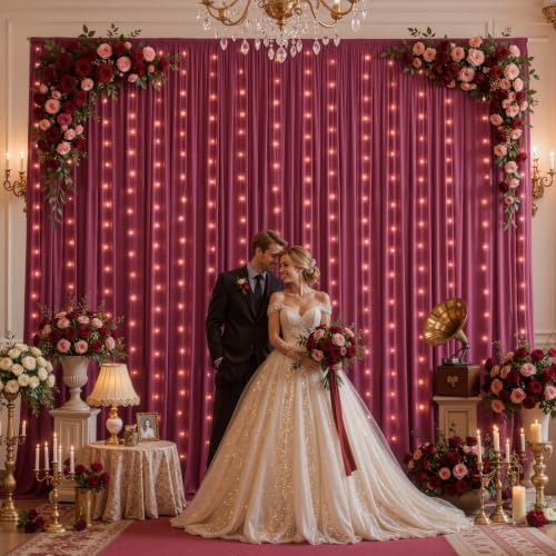 10x10ft Burgundy Backdrop Curtains with Lights String for Parties, 2 Panels in 5'(W) x 10'(H), 2 panels in, alternate view 2