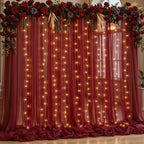 10x10ft Burgundy Tulle Backdrop Curtain with Lights String for Parites, Sheer Backdrop Curtains for Wedding Baby