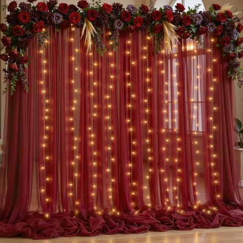 10x10ft Burgundy Tulle Backdrop Curtain with Lights String for Parites, Sheer Backdrop Curtains for Wedding Baby