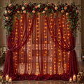 10x10ft Burgundy Tulle Backdrop Curtain with Lights String for Parites, Sheer Photo Backdrop Curtains with