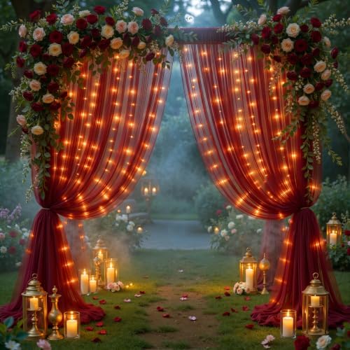 10x10ft Burgundy Tulle Backdrop Curtain with Lights String for Parites, Sheer Photo Backdrop Curtains with, alternate view 5