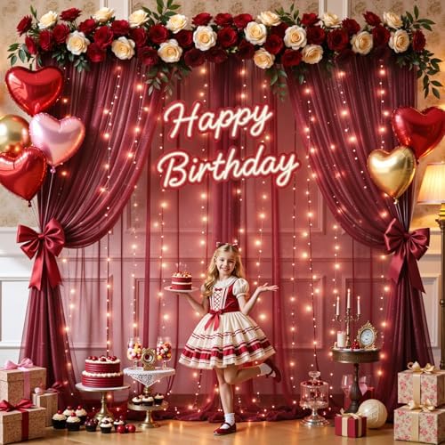 10x10FT Burgundy Wrinkle Free Backdrop Curtains with Lights String for Parties - Photo Curtain Backdrop with, alternate view
