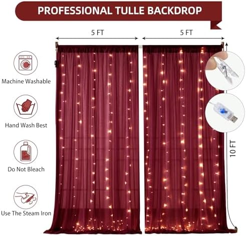 10x10FT Burgundy Wrinkle Free Backdrop Curtains with Lights String for Parties - Photo Curtain Backdrop with, alternate view