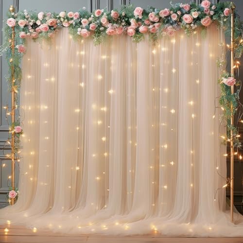 10x10ft Champagne Backdrop Curtain with Lights String for Parties, Sheer Tulle Curtains for Wedding Backdrop