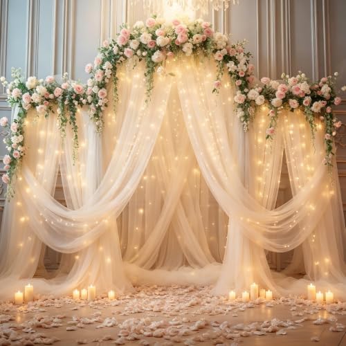 10x10ft Champagne Backdrop Curtain with Lights String for Parties, Sheer Tulle Curtains for Wedding Backdrop, alternate view