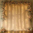 10x10ft Champagne Tulle Backdrop Curtain with String Lights, Wrinkle-Free Sheer Wedding Backdrop for Birthday