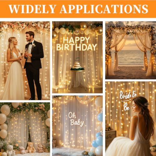 10x10ft Champagne Tulle Backdrop Curtain with String Lights, Wrinkle-Free Sheer Wedding Backdrop for Birthday, alternate view
