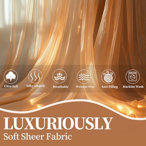 10x10ft Champagne Tulle Backdrop Curtain with String Lights, Wrinkle-Free Sheer Wedding Backdrop for Birthday, alternate view