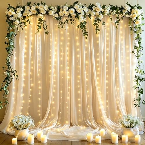 10x10ft Champagne Tulle Backdrop Curtains with Lights String for Parties, Wrinkle Free Sheer Curtain Wedding