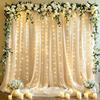 10x10ft Champagne Tulle Backdrop Curtains with Lights String for Parties, Wrinkle Free Sheer Curtain Wedding